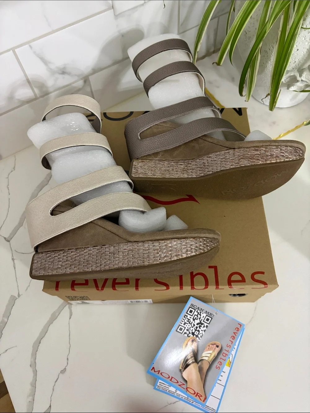 Modzori Reversibles Wedge Sandals in Metallic Bronze or Pewter and off white/crm